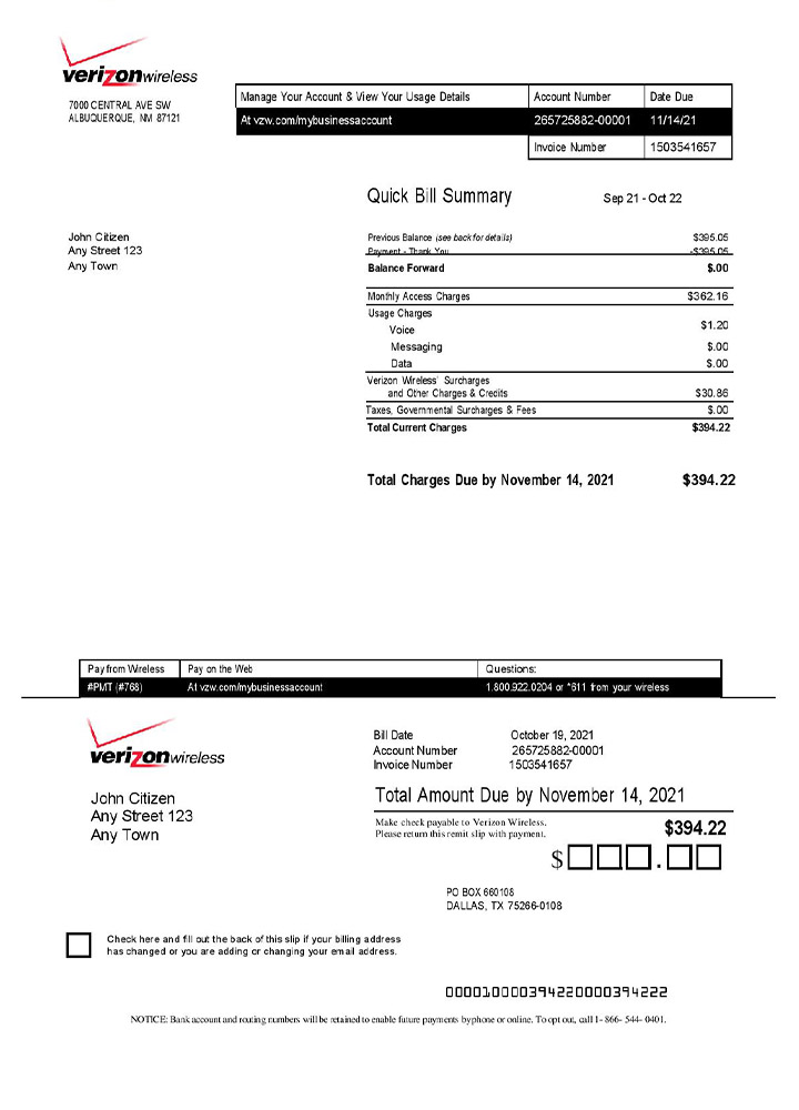 USA Verizon invoice template PSD template